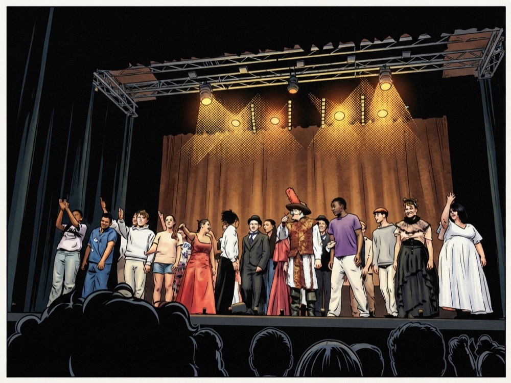 Les comédiens de la troupe saluant le public sur scène